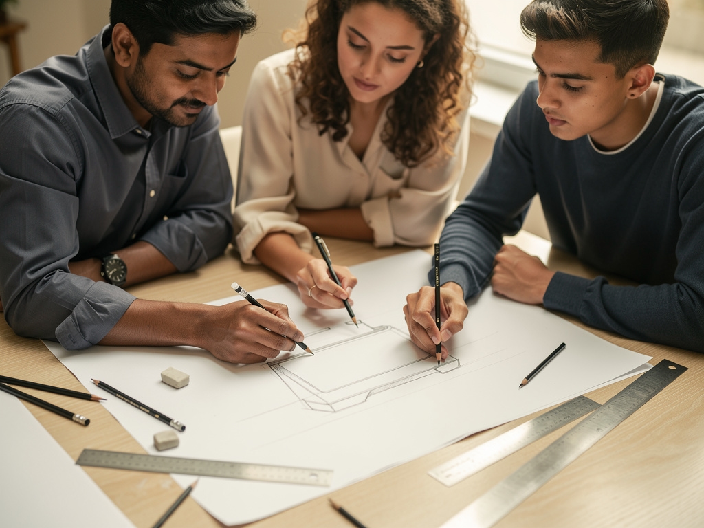 Miembros de un equipo bocetando conceptos de producto sobre papel en una mesa de trabajo