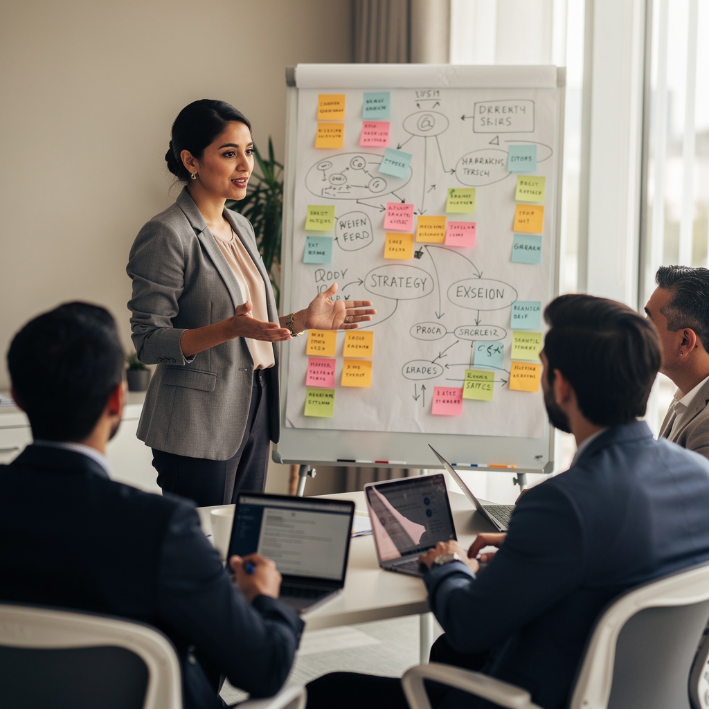 Facilitador guiando una dinámica de priorización de ideas con un equipo alrededor de una pizarra