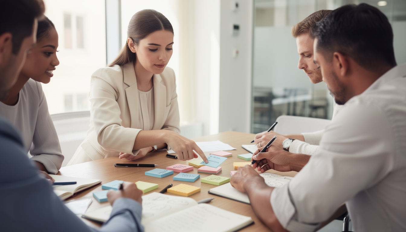 Equipo de trabajo durante una sesión de generación de ideas alrededor de una mesa con notas adhesivas