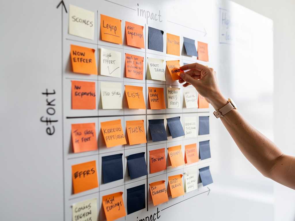 Matriz de priorización con notas adhesivas de colores organizadas por impacto y esfuerzo sobre una pared