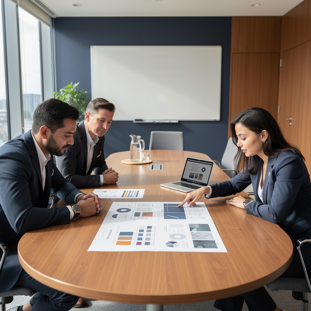 Grupo de directivos revisando conceptos de innovación durante una sesión de decisión en sala de reuniones