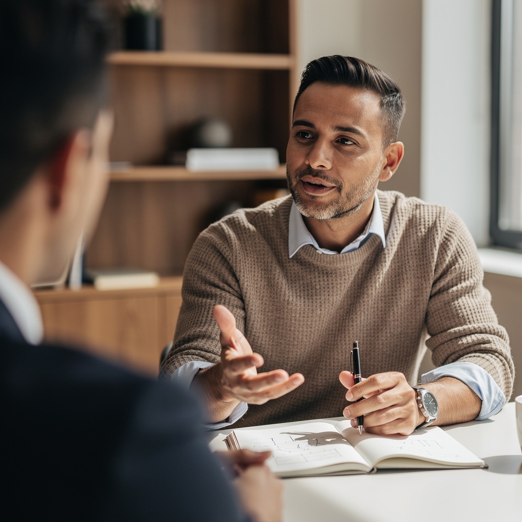 Mentor de estrategia conversando con un miembro del equipo durante una sesión de trabajo